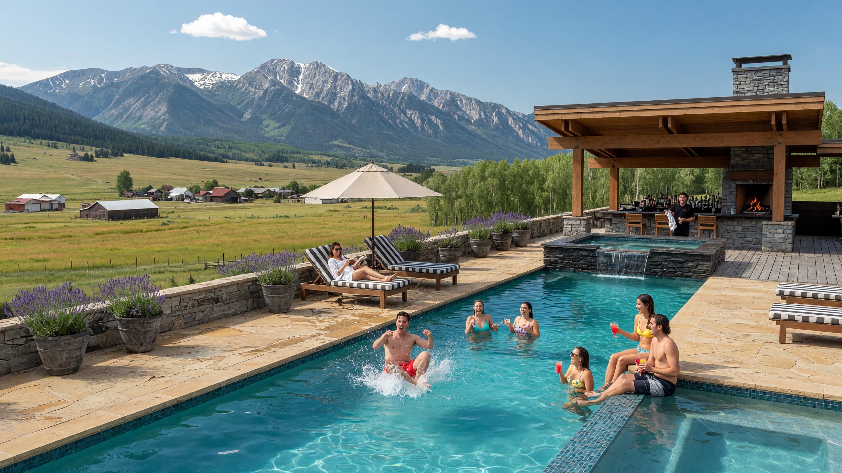 Guests laughing in the heated pool on a Montana summer afternoon, one mid-cannonball, with the pavilion bar and Gallatin Valley beyond