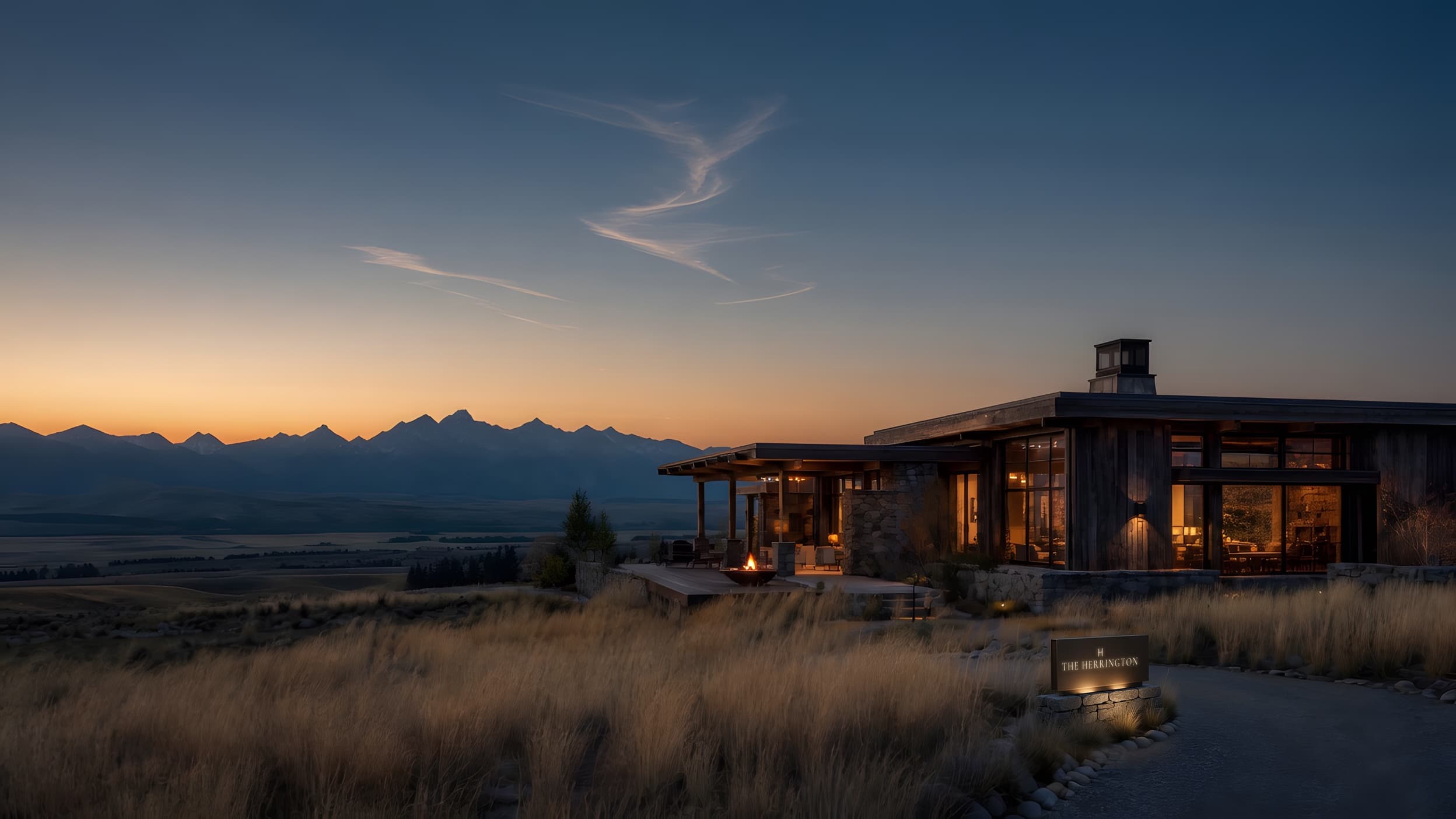 A contemporary mountain lodge overlooking Montana's Gallatin Valley at dusk