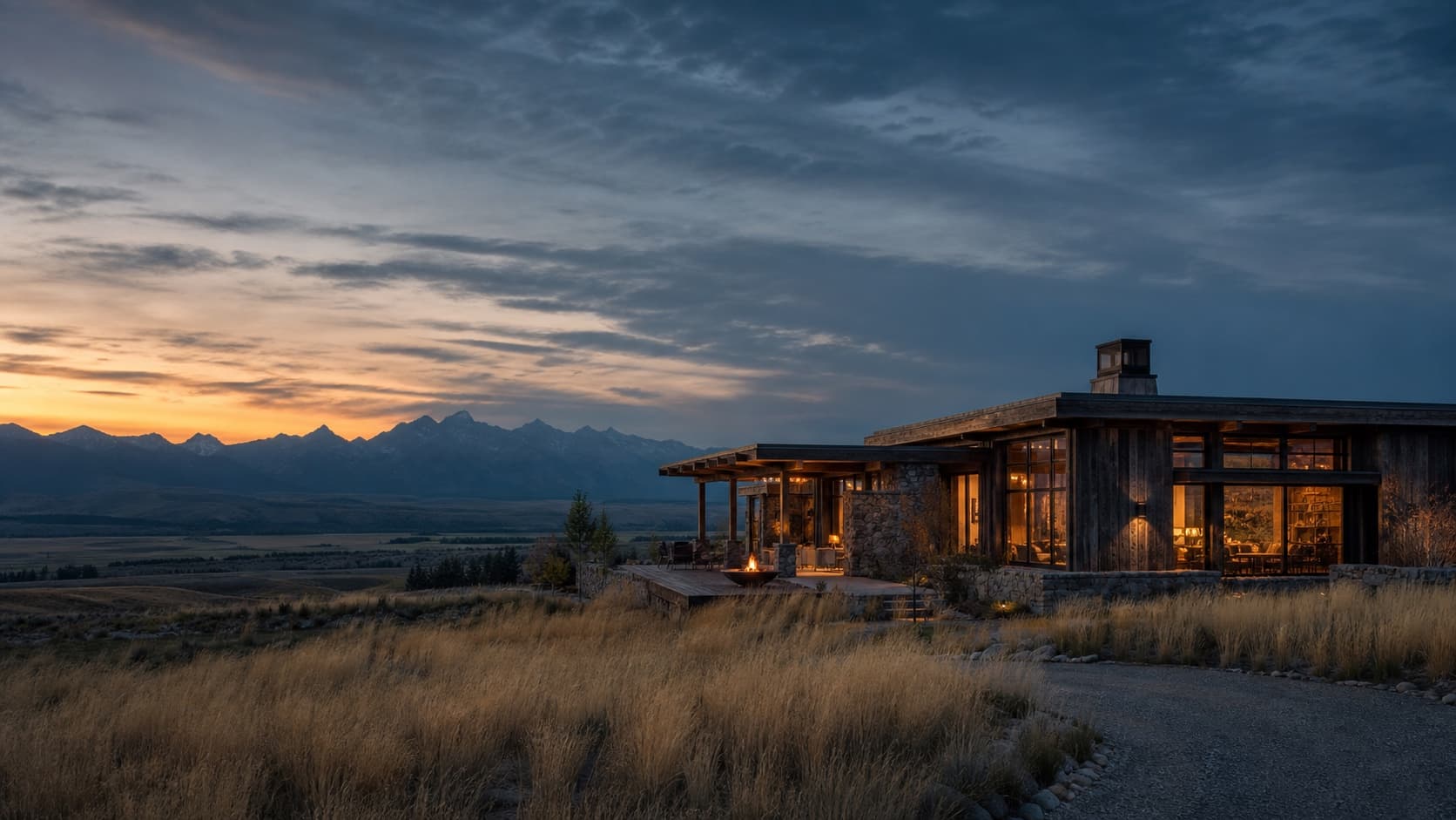 A contemporary mountain lodge overlooking Montana's Gallatin Valley at dusk