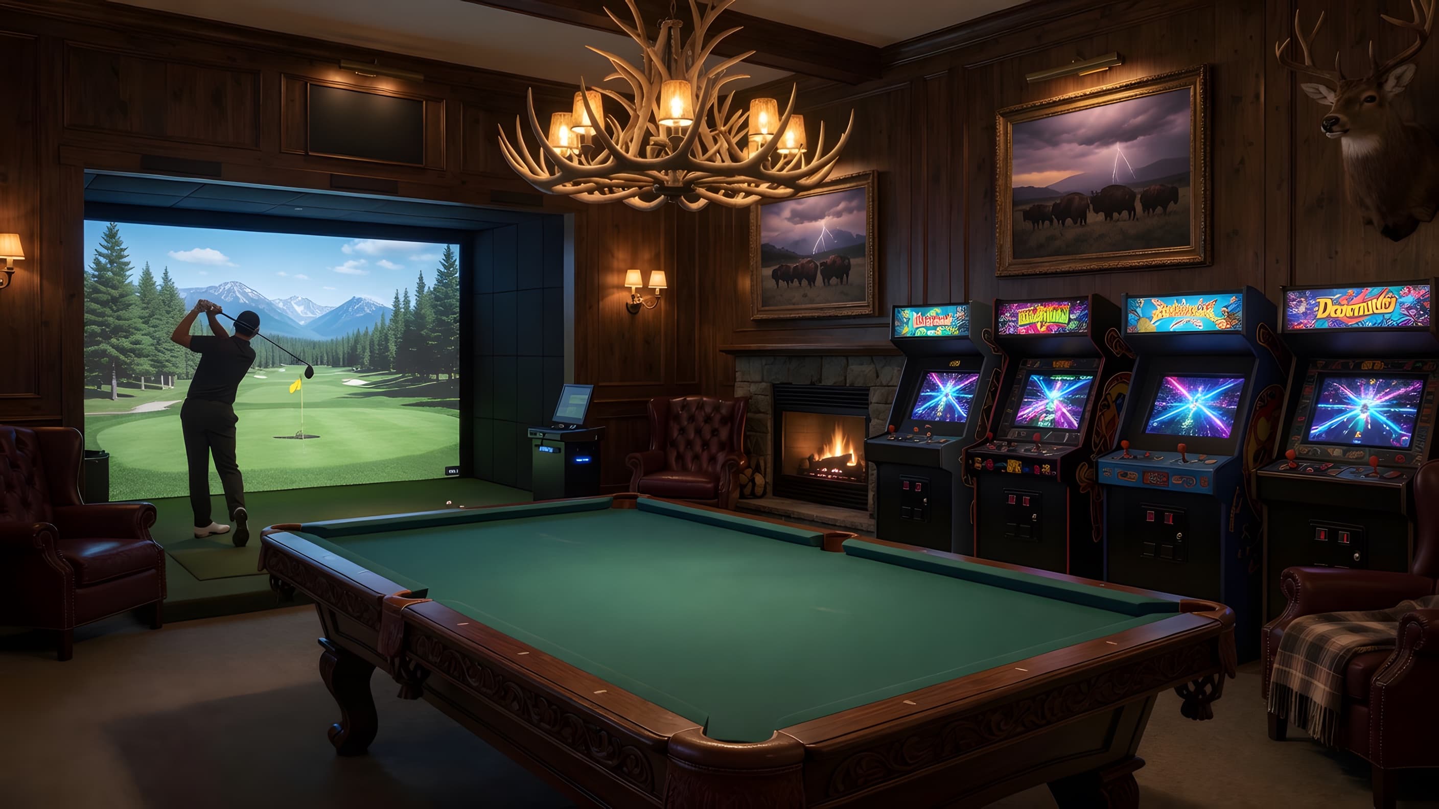 The Herrington's game lounge — a billiards table beneath an antler chandelier, a golf simulator mid-swing, and a row of glowing arcade cabinets in dark walnut