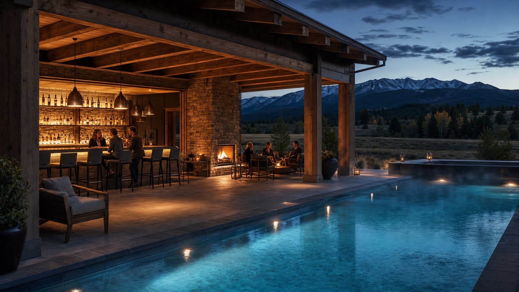 The Herrington's heated outdoor pool beside a covered patio and full-service bar at blue hour