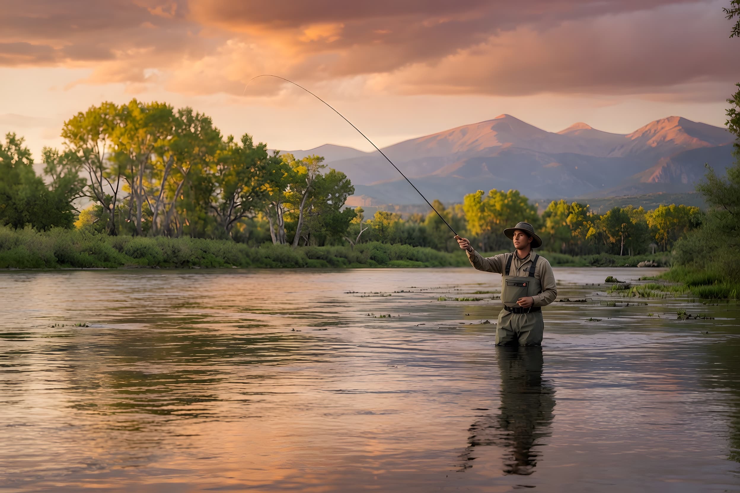 A fly fisherman casting toward the viewer across a glassy Montana river at golden hour