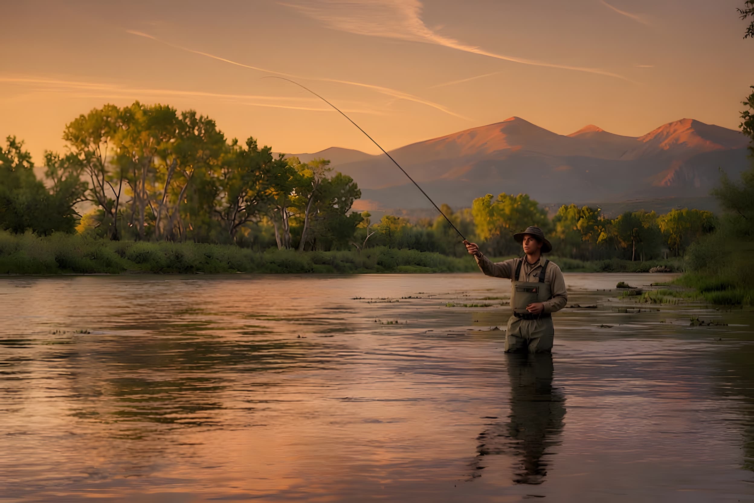 A fly fisherman casting toward the viewer across a glassy Montana river at golden hour