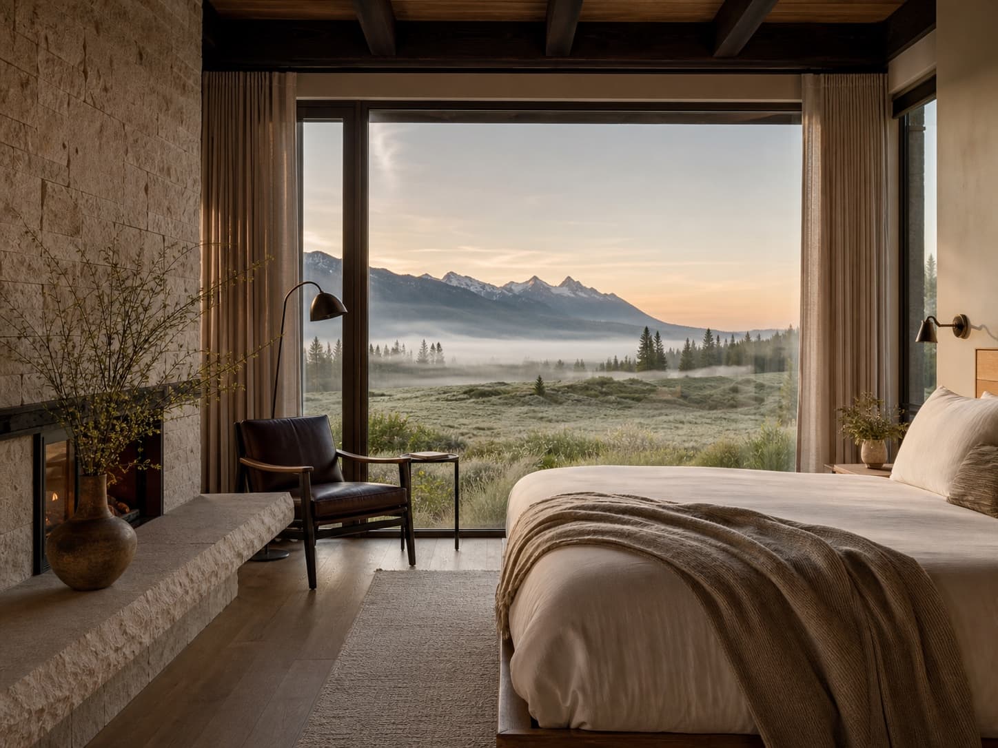 A warm contemporary guest suite opening to a misty Montana mountain view